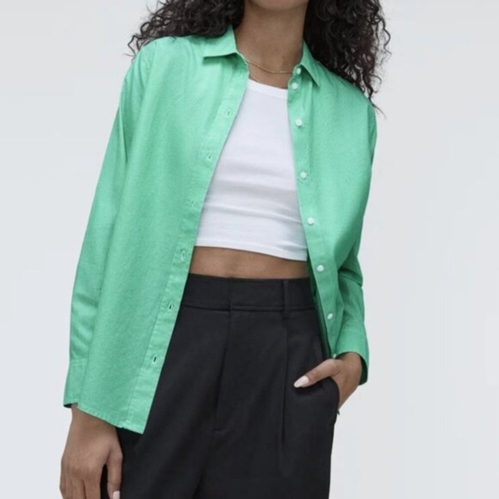 Everlane The Silky Cotton Relaxed Button Down Shirt Striped Jade Green White 00